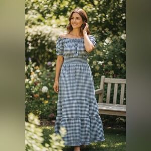 NWT BTFBM Blue White Gingham‎ Off Shoulder Tiered Maxi Dress Puff Sleeve Size XL
